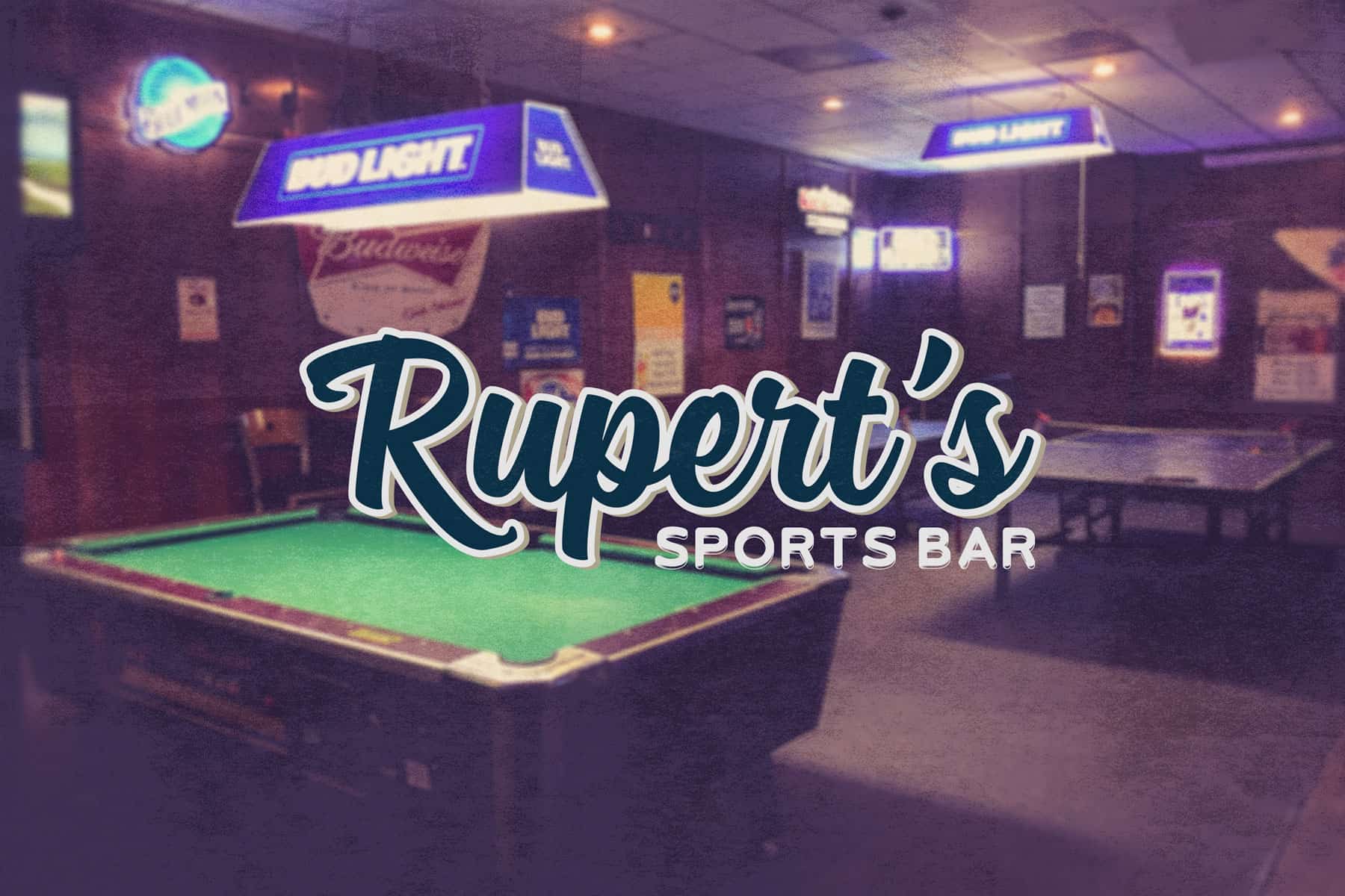 Rupert's Sports Bar logo over a photo of the bar showing billiard and ping pong tables